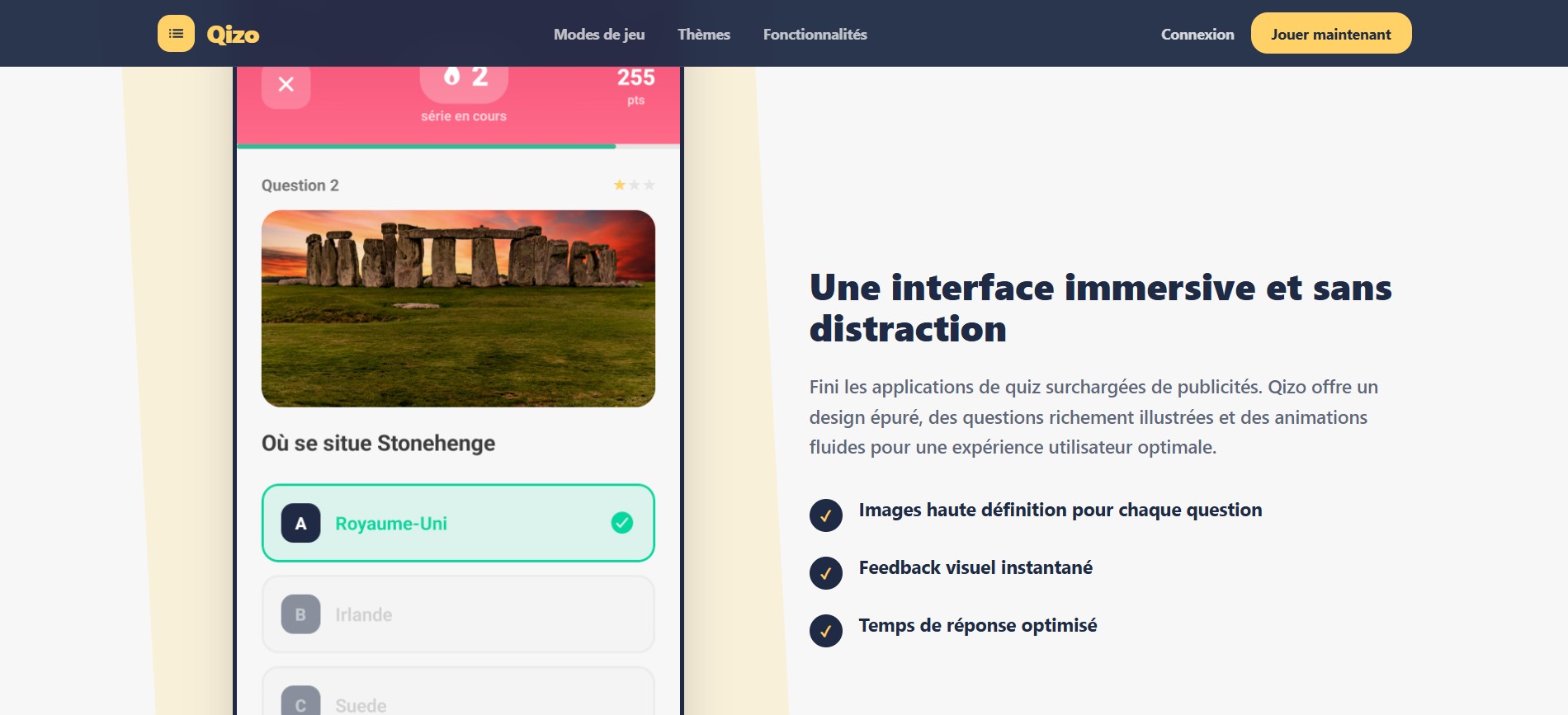 Qizo Interface : Choix du mode et questions